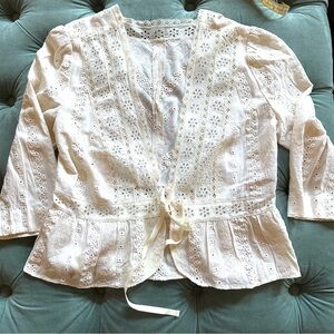 Vintage cream cotton eyelet top sm deep v to waist tie close 70s boho prairie